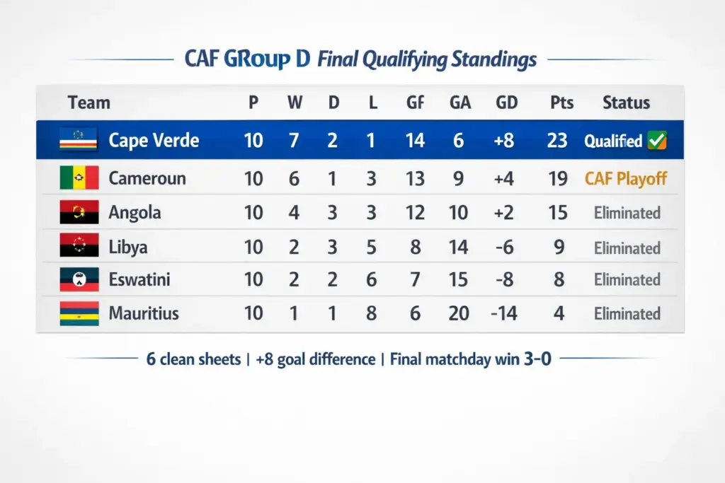 Cape Verde at the 2026 World Cup qualifying standings graphic showing Cape Verde top of CAF Group D on 23 points, four ahead of Cameroon.