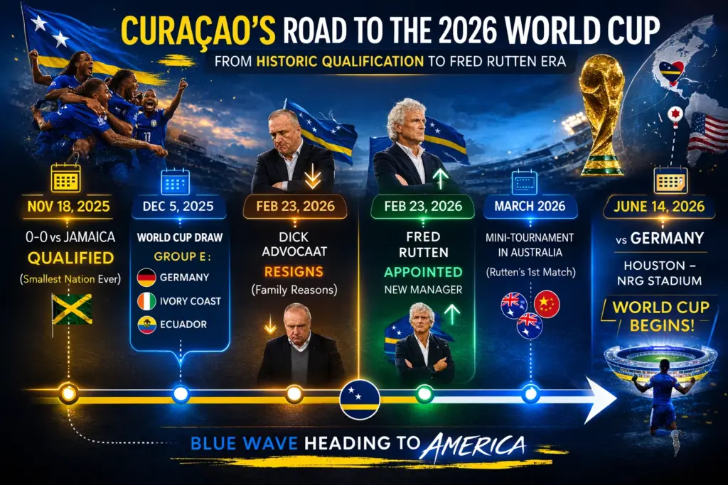 Curaçao World Cup 2026 timeline graphic showing qualification, World Cup draw, Dick Advocaat's resignation, Fred Rutten's appointment, the Australia mini-tournament, and the June 14 opener against Germany