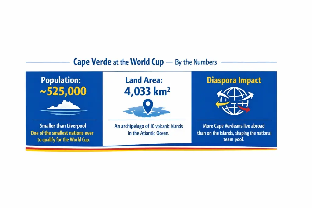 Cape Verde at the 2026 World Cup infographic showing population, land area and diaspora significance.