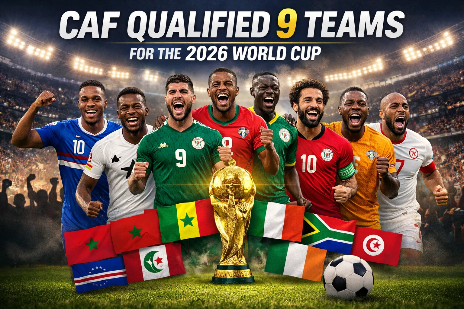 CAF qualified 9 teams for the 2026 World Cup banner showing celebrating African footballers, national flags and a trophy in a stadium setting.