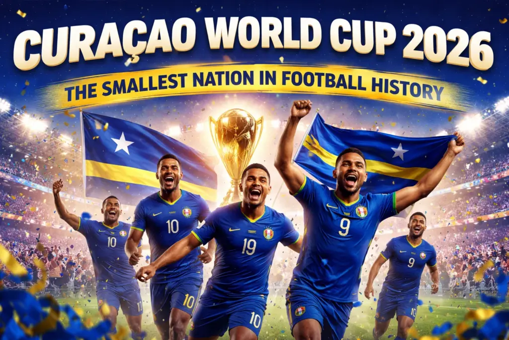 Curaçao World Cup 2026 banner showing celebrating football players in blue kits with Curaçao flags and the headline The Smallest Nation in Football History