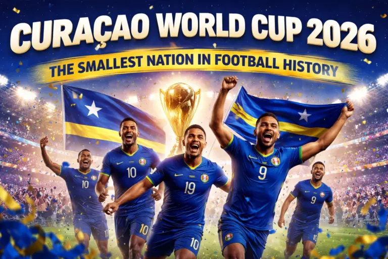 Curaçao World Cup 2026 banner showing celebrating football players in blue kits with Curaçao flags and the headline The Smallest Nation in Football History