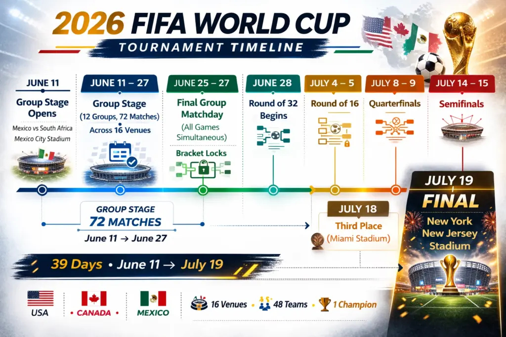Timeline infographic for the 2026 World Cup showing key dates from June 11 to July 19, including the group stage, final group matchday, Round of 32, Round of 16, quarterfinals, third-place match, and final