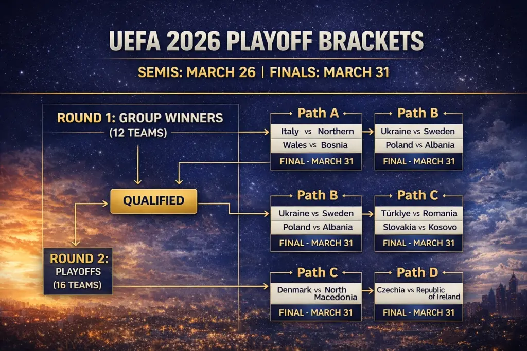UEFA 2026 World Cup Qualification playoff flowchart showing Round 1 group winners and the four playoff paths in March 2026.
