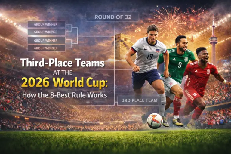 2026 World Cup Third-Placed Teams: How the 8-Best Rule Works 8 Banner image for an article about the 2026 World Cup’s eight-best third-placed teams rule, showing the article title over a football stadium scene with knockout bracket graphics and players, without national flags.