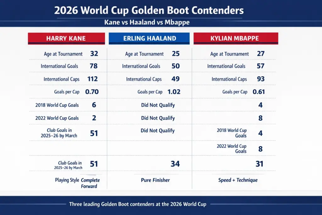 Comparison table showing Harry Kane, Erling Haaland and Kylian Mbappe's key statistics ahead of the 2026 World Cup Golden Boot race