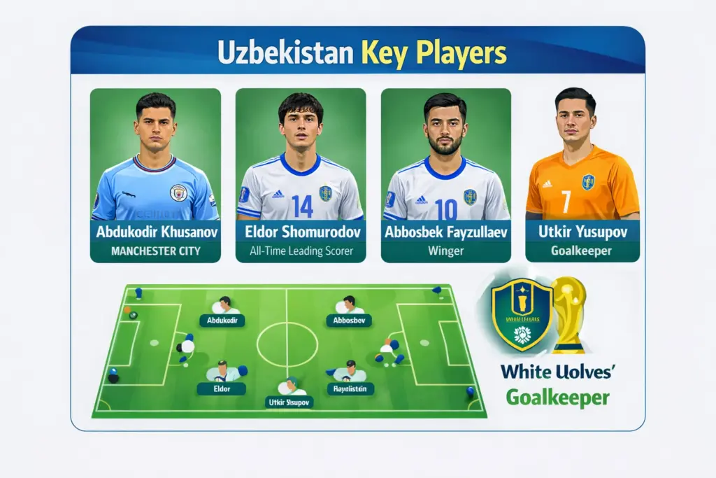 Uzbekistan at the 2026 World Cup key players graphic showing Khusanov, Shomurodov, Fayzullaev and goalkeeper Yusupov with a simple formation diagram.