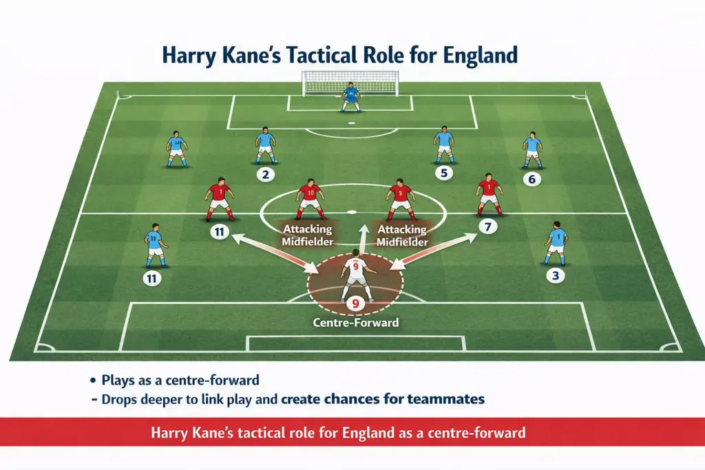 Harry Kane tactical diagram showing his roles as a penalty area finisher and deep-lying playmaker in England's system