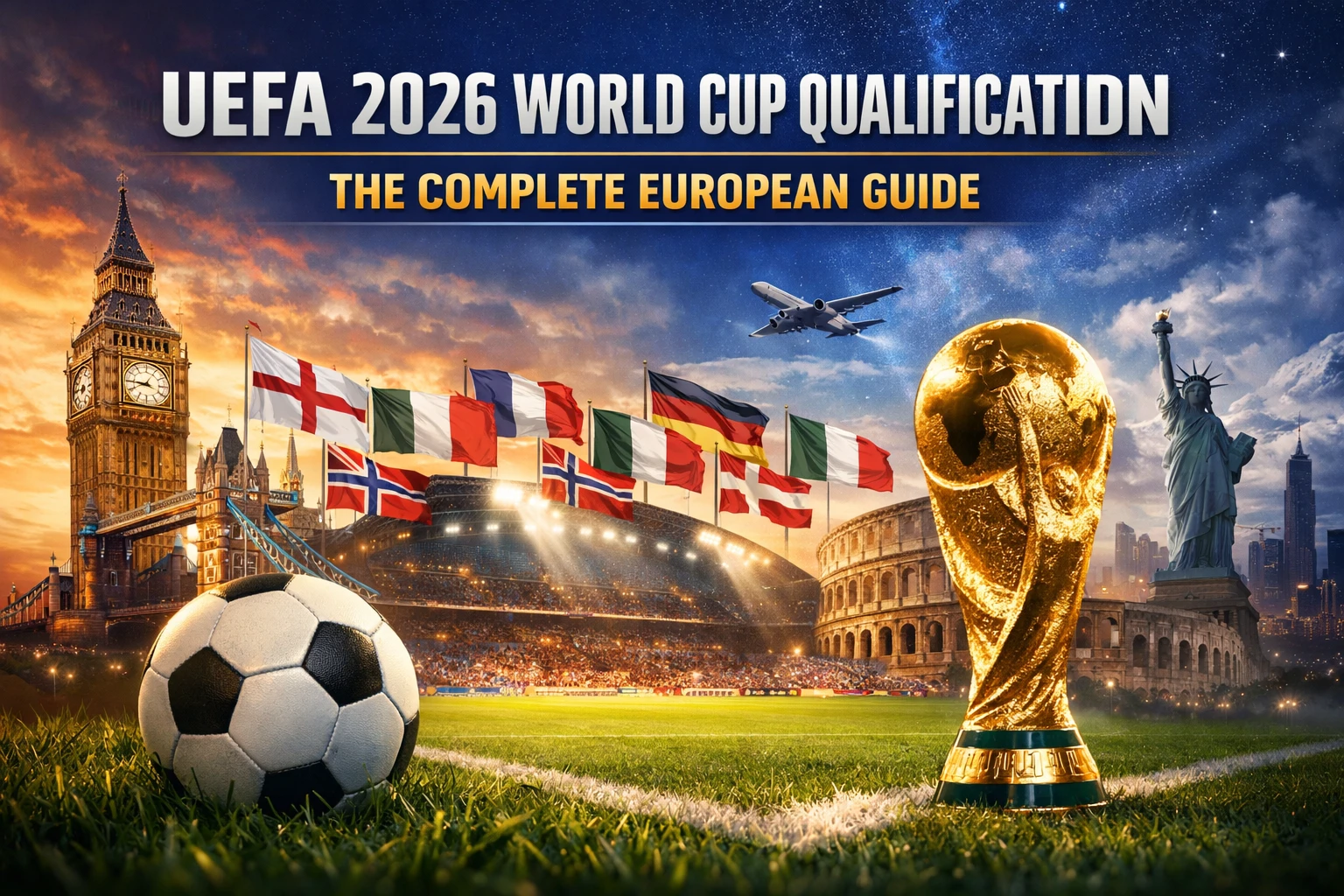 UEFA 2026 World Cup Qualification banner showing a football stadium, European national flags, a World Cup-style trophy, and Europe-to-North America travel imagery for the complete European guide.
