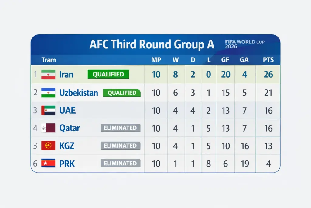Uzbekistan at the 2026 World Cup qualifying standings table for AFC Third Round Group A showing Iran first and Uzbekistan second, both marked qualified.