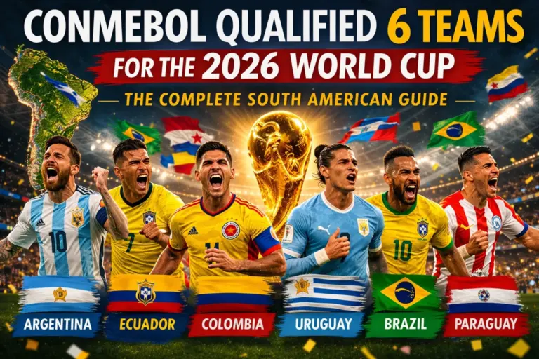 CONMEBOL qualified 6 teams for the 2026 World Cup banner showing Argentina, Ecuador, Colombia, Uruguay, Brazil and Paraguay with a stadium backdrop