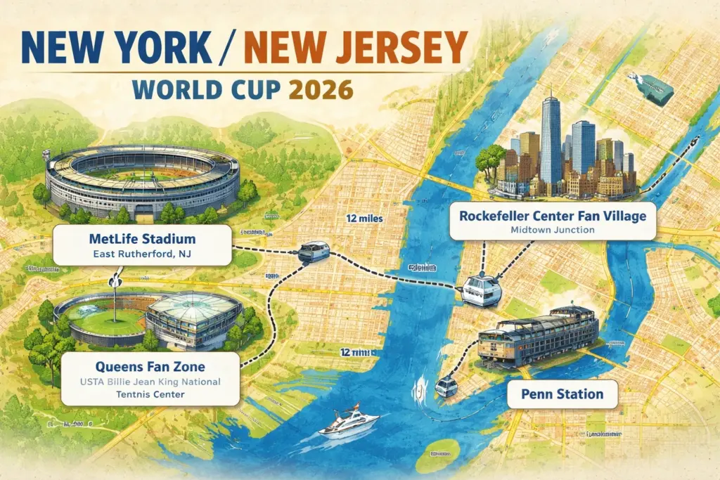 World Cup 2026 New York travel guide map showing MetLife Stadium, the Queens fan zone, Rockefeller Center fan village, Penn Station and Secaucus Junction.