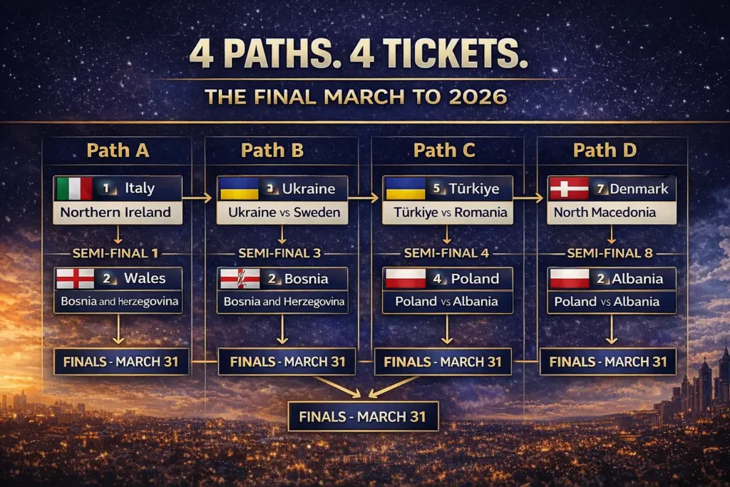 UEFA 2026 World Cup Qualification playoff bracket showing Paths A to D and the race for the final four European World Cup places.