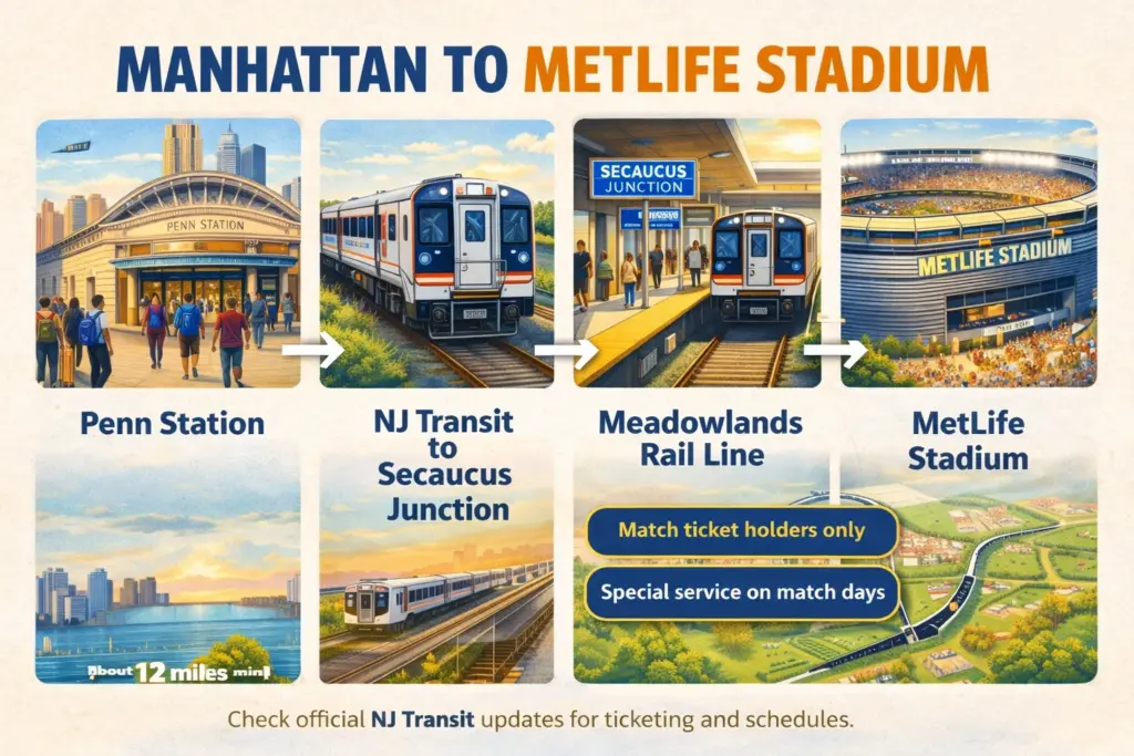 MetLife Stadium World Cup guide transport diagram showing Penn Station, Secaucus Junction, the Meadowlands Rail Line and stadium arrival.
