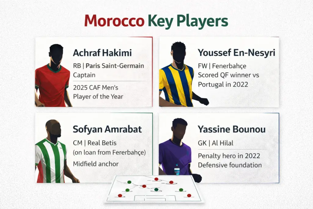 Morocco at the 2026 World Cup key players card featuring Achraf Hakimi, Youssef En-Nesyri, Sofyan Amrabat and Yassine Bounou.