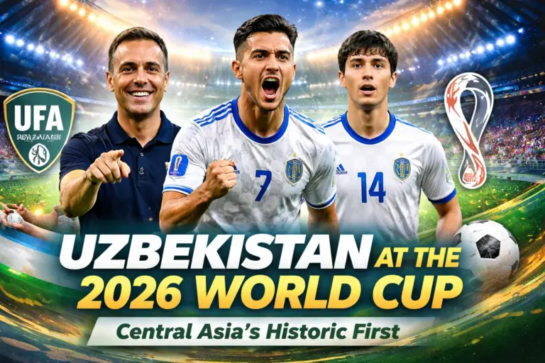 Uzbekistan at the 2026 World Cup banner showing Uzbekistan players and coach Fabio Cannavaro in a stadium with the headline Uzbekistan at the 2026 World Cup: Central Asia’s Historic First