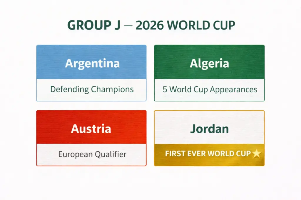 Jordan's 2026 World Cup Group J draw card showing Argentina, Algeria, Austria and Jordan in their debut World Cup appearance.