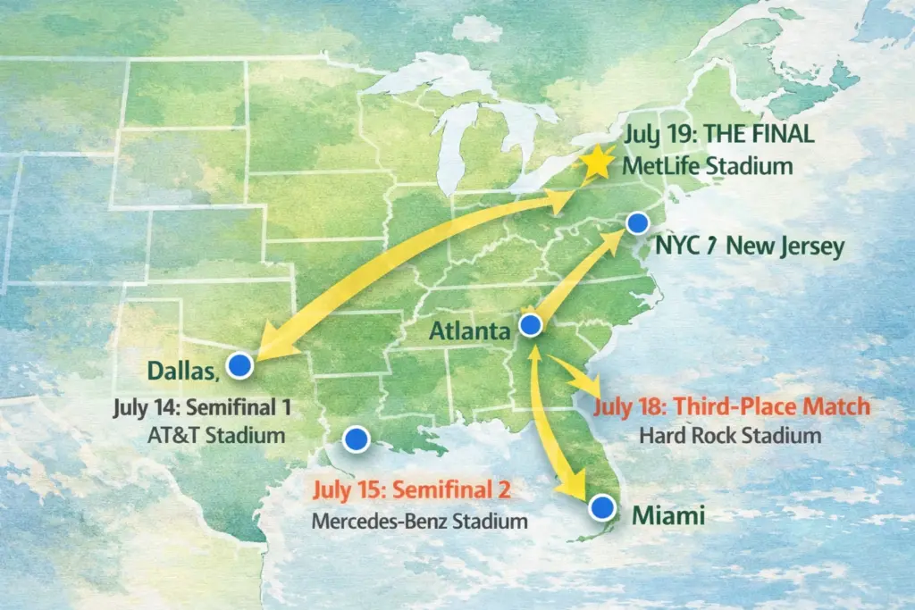 2026 World Cup finals week map showing Dallas and Atlanta semifinals, Miami third-place match, and New York/New Jersey final