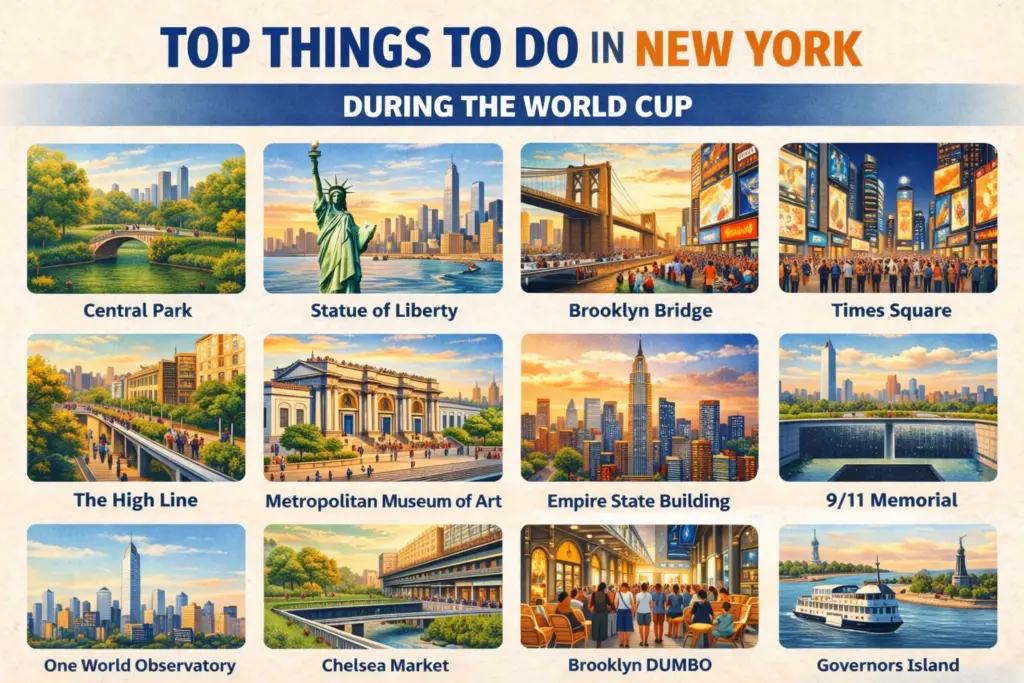 Illustrated grid showing top things to do in New York City during the World Cup 2026.