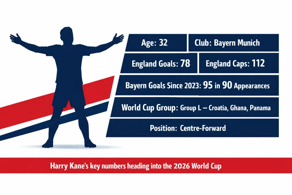 Harry Kane profile card showing 78 England goals, 112 England caps, Bayern Munich record and England's 2026 World Cup Group L opponents