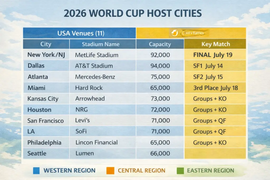 2026 World Cup host cities stadiums reference table showing venues, capacities and key matches across the USA, Canada and Mexico