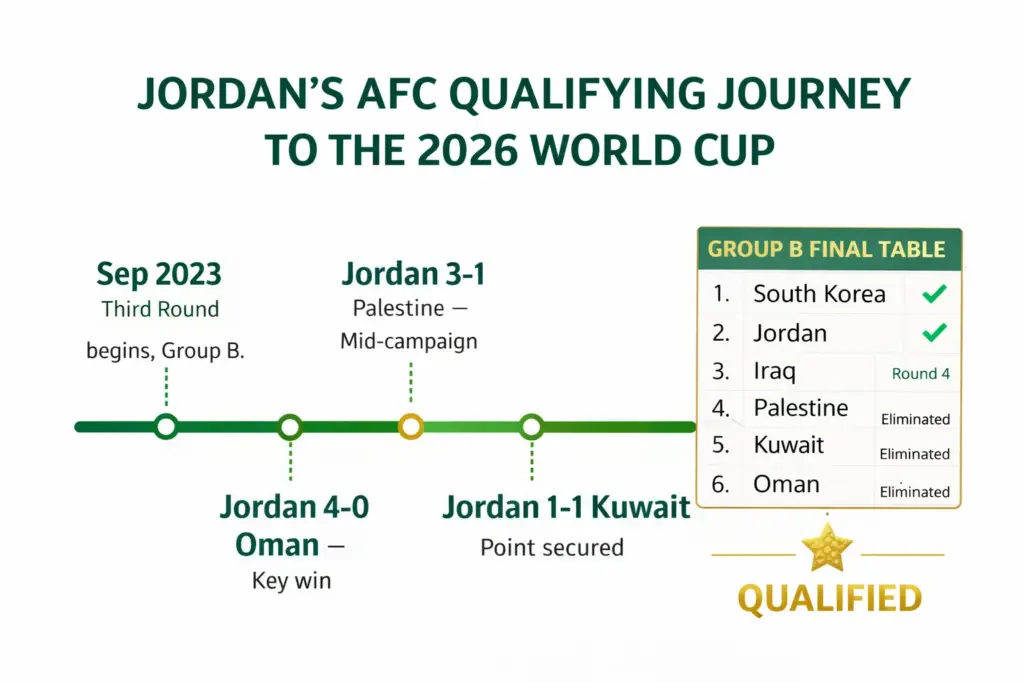 Timeline of Jordan's AFC qualifying journey culminating in their historic first World Cup qualification with a 3-0 win over Oman on June 5 2025.