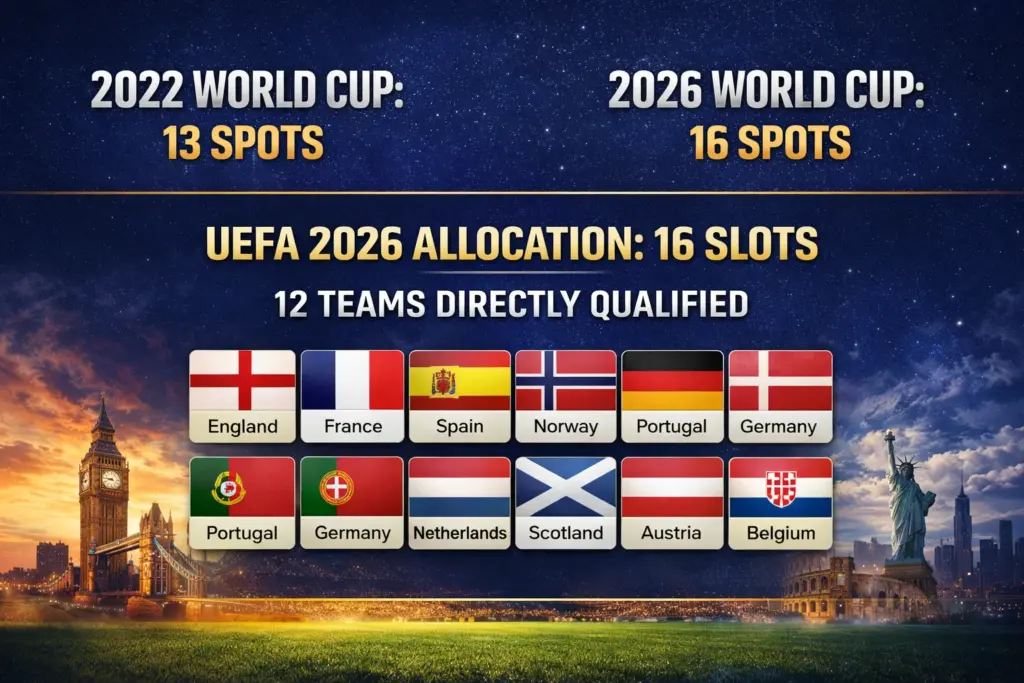 UEFA 2026 World Cup Qualification infographic comparing Europe’s 13 World Cup spots in 2022 with 16 spots in 2026.