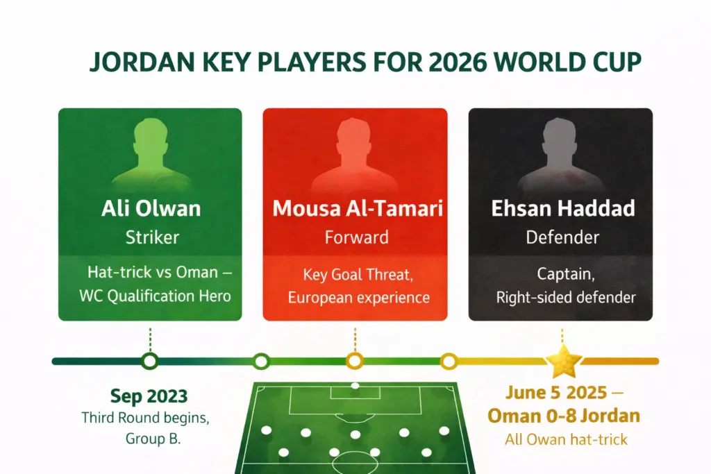 Jordan's key players for the 2026 World Cup showing Ali Olwan, Mousa Al-Tamari and captain Ehsan Haddad.