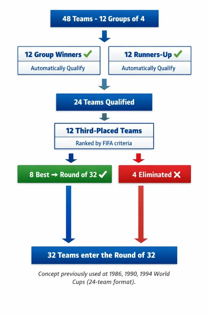 Flowchart showing how 48 teams at the 2026 World Cup reduce to 32 for the knockout stage, including the ranking of 12 third-placed teams and the selection of the best eight.
