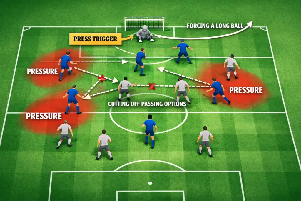 High press football explained: How the High Press Works: Football's Most Dominant Tactical Idea Explained 3 high press football explained tactical pitch diagram showing forwards pressing opposition defenders while midfielders block passing lanes