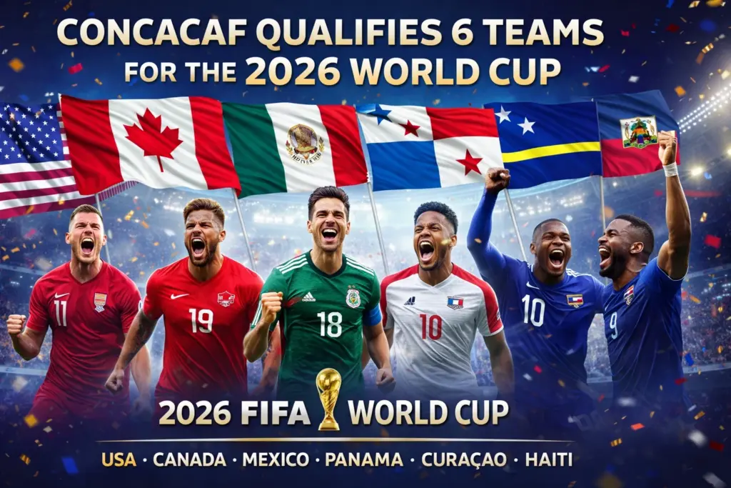 CONCACAF qualified 6 teams for the 2026 World Cup banner featuring USA, Canada, Mexico, Panama, Curaçao and Haiti in a stadium-style celebratory design