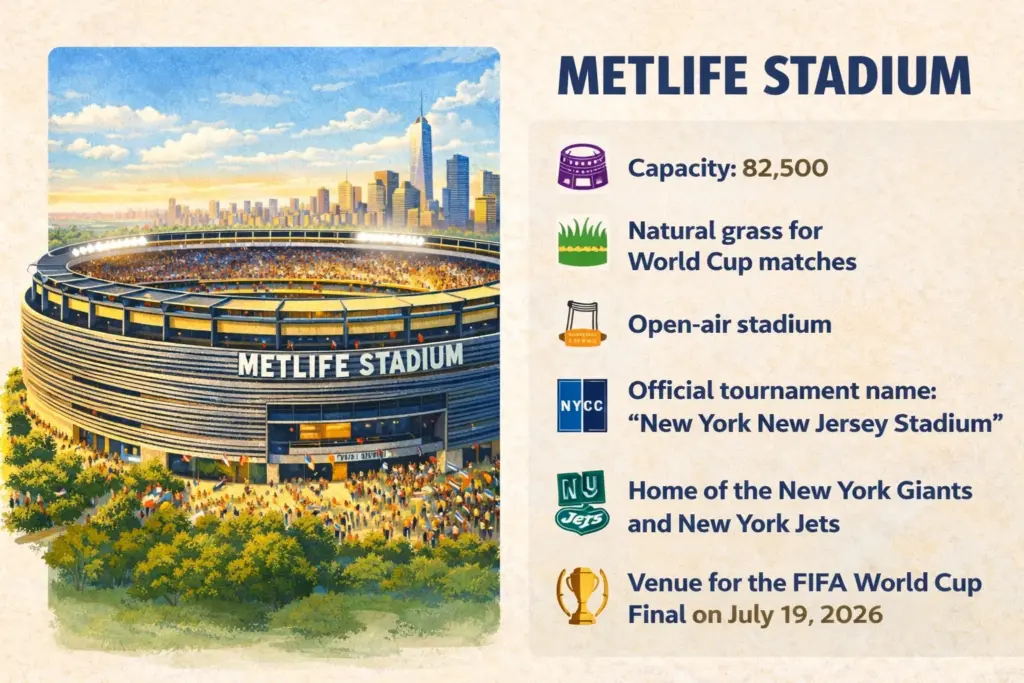 MetLife Stadium World Cup guide graphic showing the 2026 final venue in East Rutherford, New Jersey.