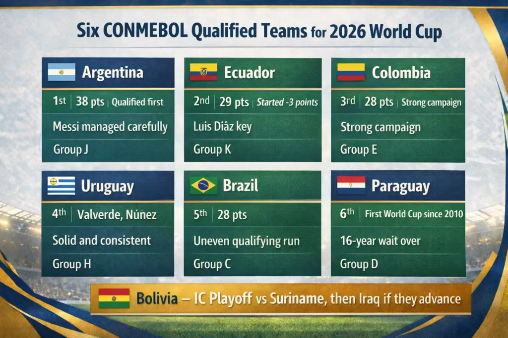 CONMEBOL qualified 6 teams for the 2026 World Cup overview grid showing Argentina, Ecuador, Colombia, Uruguay, Brazil and Paraguay plus Bolivia’s playoff path