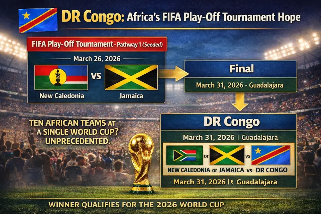 DR Congo FIFA Play-Off Tournament hope graphic showing the March 2026 pathway to the final in Guadalajara.