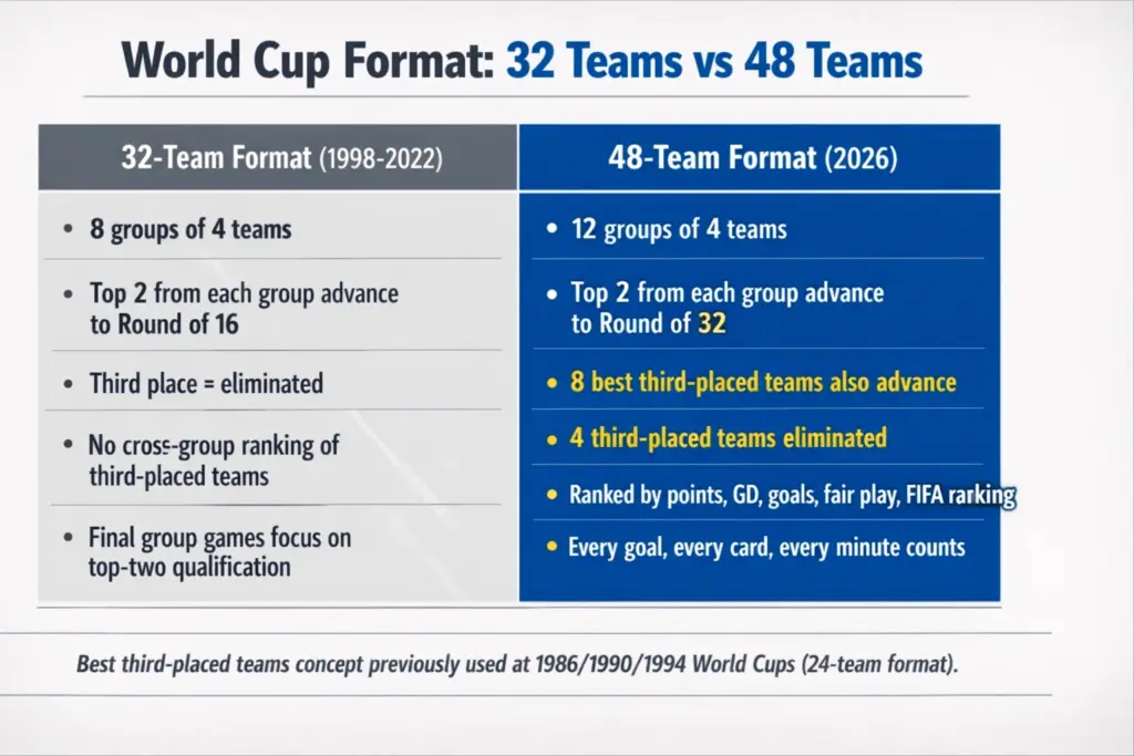 Comparison table showing the difference between the 32-team World Cup format used from 1998 to 2022 and the new 48-team format for 2026, including how third-placed teams are treated.