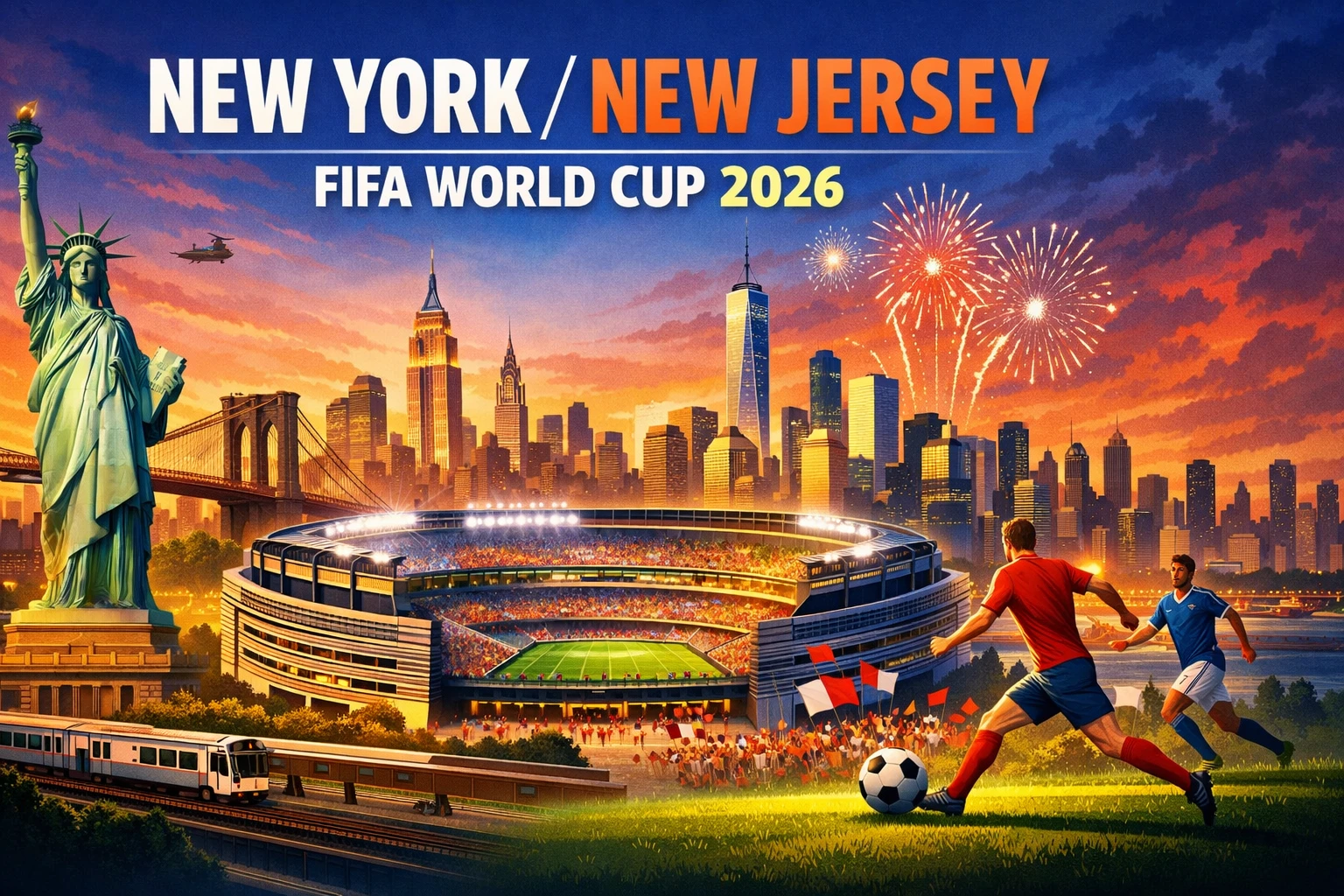 World Cup 2026 New York travel guide banner featuring a large stadium, New York skyline, Statue of Liberty, Brooklyn Bridge, train connection, and football action in a dramatic sunset scene.