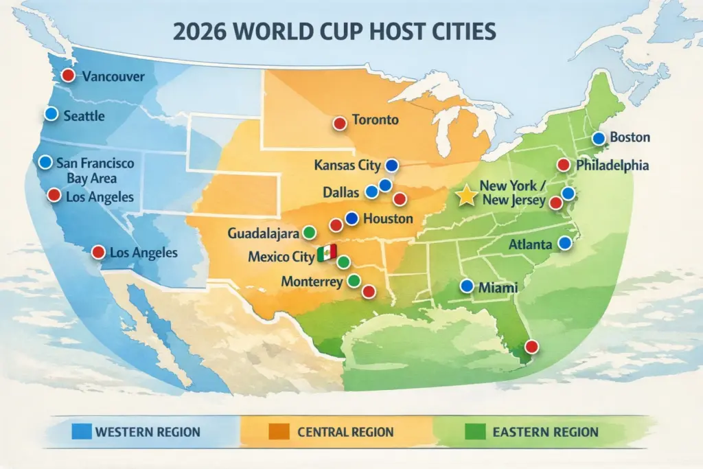 2026 World Cup host cities map showing all 16 locations across the USA, Canada and Mexico, grouped into Western, Central and Eastern regions
