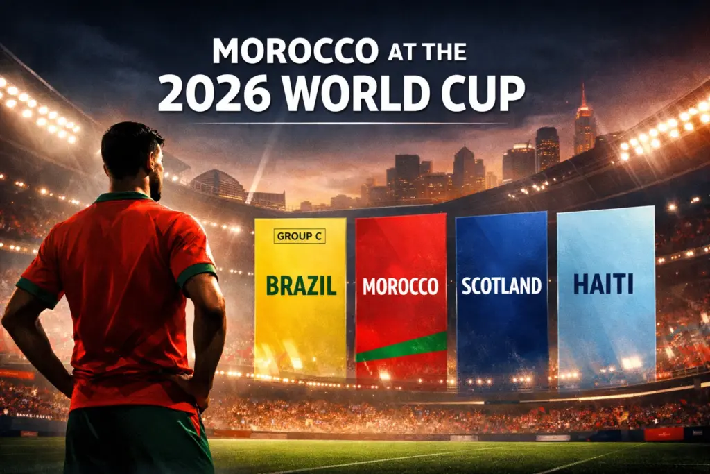 Morocco at the 2026 World Cup hero banner showing a stylized Atlas Lions football scene with Group C opponents Brazil, Scotland and Haiti.