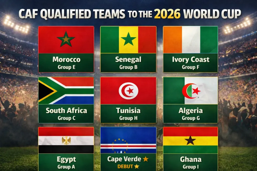 CAF qualified 9 teams for the 2026 World Cup overview grid showing the nine African qualifiers in a stadium-style editorial graphic.
