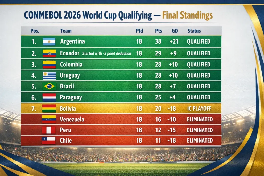 CONMEBOL qualified 6 teams for the 2026 World Cup final standings table showing Argentina first, Ecuador second, Colombia third and Bolivia in the playoff spot