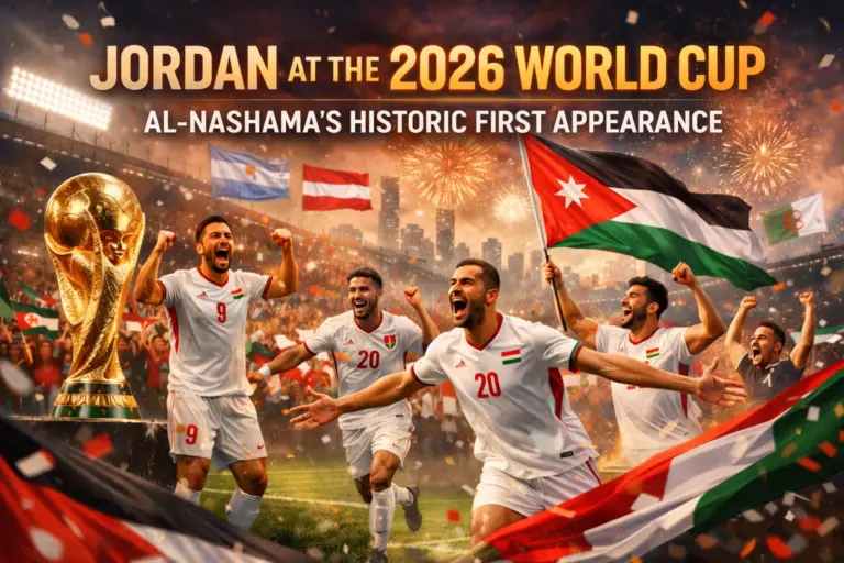 Banner for Jordan at the 2026 World Cup showing celebrating players, Jordanian flag, fireworks, and the title Al-Nashama's Historic First Appearance.