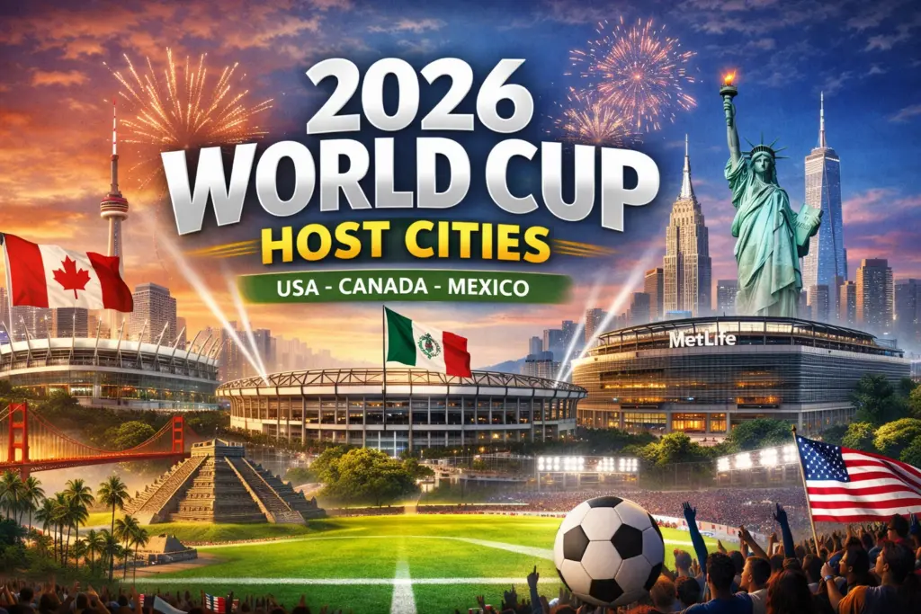 2026 World Cup host cities banner showing stadiums and landmarks from the USA, Canada and Mexico