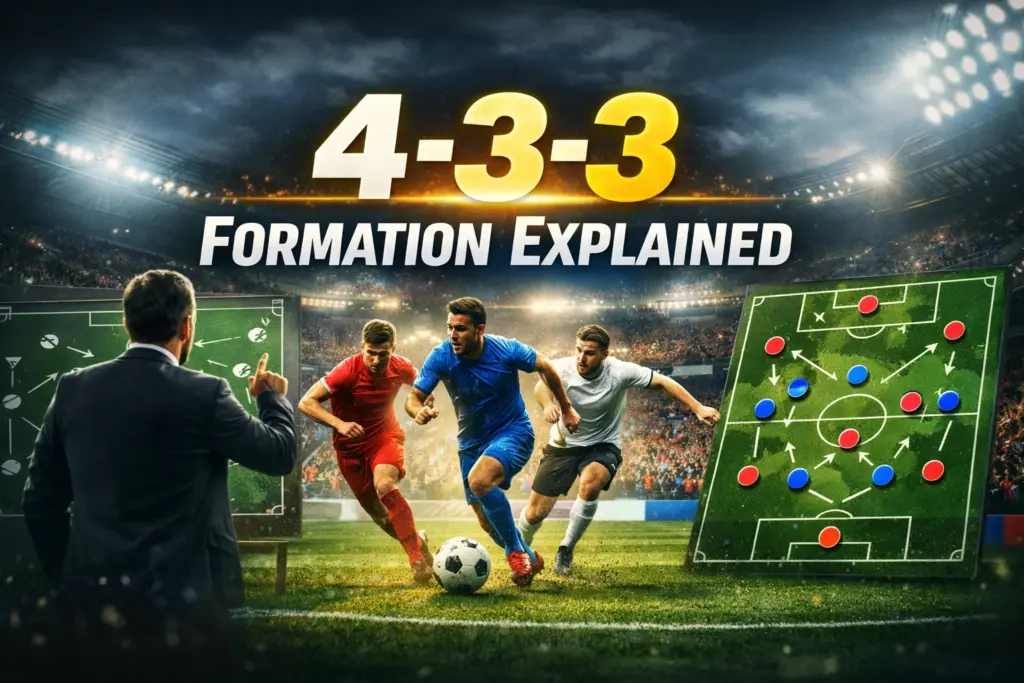 4-3-3 formation explained banner showing a football manager, players in action and a tactical board inside a stadium