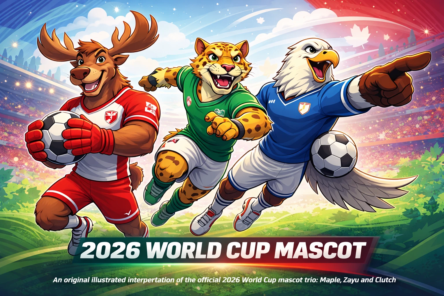 2026 World Cup mascot banner showing Maple, Zayu and Clutch representing Canada, Mexico and the United States