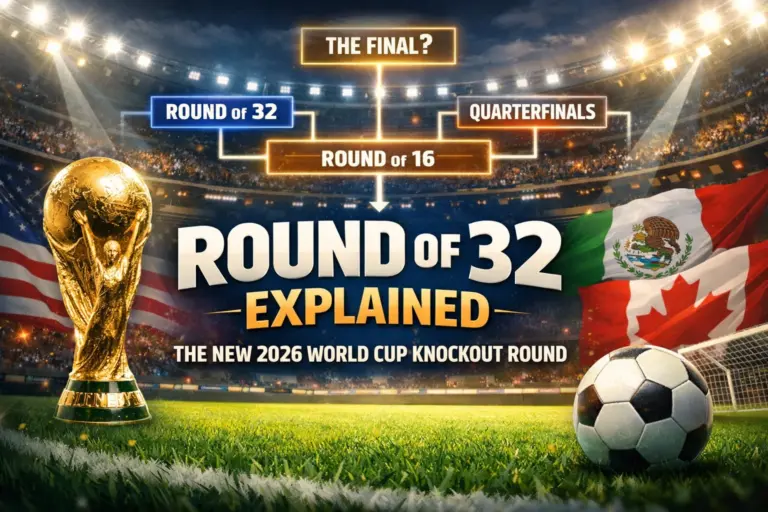 Round of 32 Explained: The New 2026 World Cup Knockout Round 6 Banner image for an article about the 2026 World Cup Round of 32, showing a football stadium, knockout bracket graphics, the World Cup trophy, a football, and the host nations represented in the background.