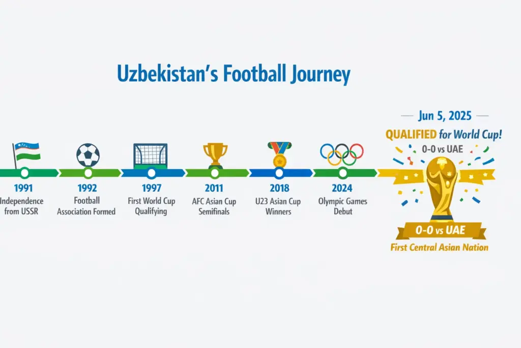 Uzbekistan at the 2026 World Cup timeline showing key milestones from 1991 independence to June 5, 2025 qualification after a 0-0 draw vs UAE.