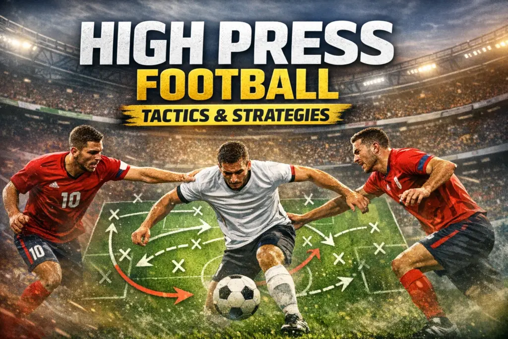 High press football explained: How the High Press Works: Football's Most Dominant Tactical Idea Explained 2 high press football explained banner showing two defenders pressing an attacker with tactical arrows in a stadium setting