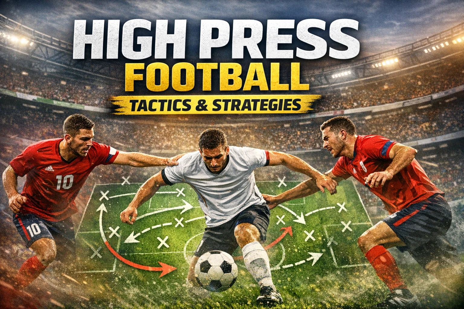 High press football explained: How the High Press Works: Football's Most Dominant Tactical Idea Explained 1 high press football explained banner showing two defenders pressing an attacker with tactical arrows in a stadium setting