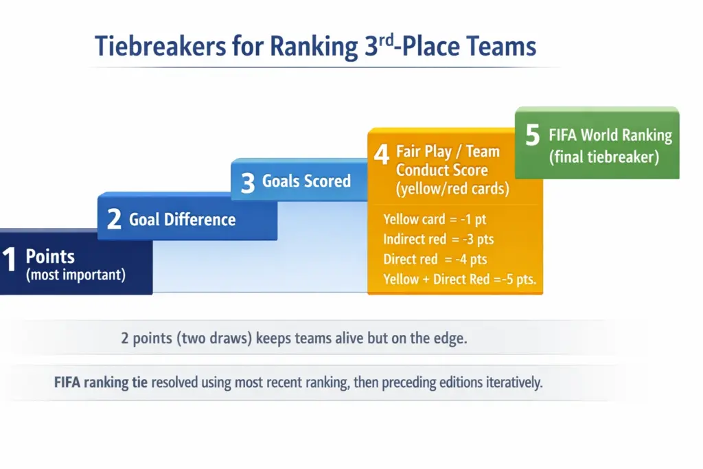 Infographic showing the five tiebreakers FIFA uses to rank third-placed teams at the 2026 World Cup: points, goal difference, goals scored, fair play score, and FIFA world ranking.