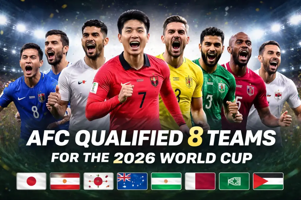AFC Qualified 8 Teams for the 2026 World Cup banner showing Asian football players in a stadium-style celebration graphic